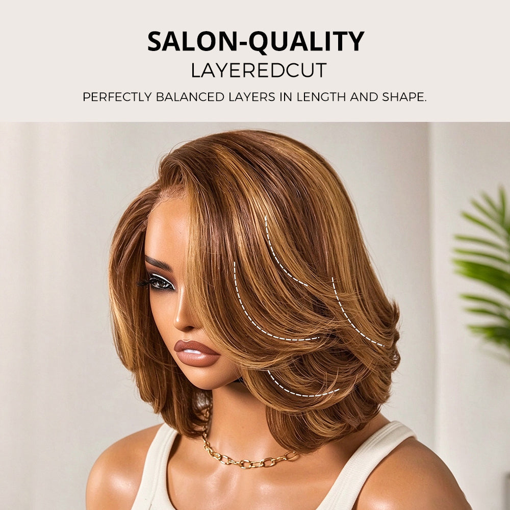 Zlike Brown Mix Blonde Highlight Layered Bob Wigs 5x5 Closure Glueless Human Hair Wigs Natural Hairline
