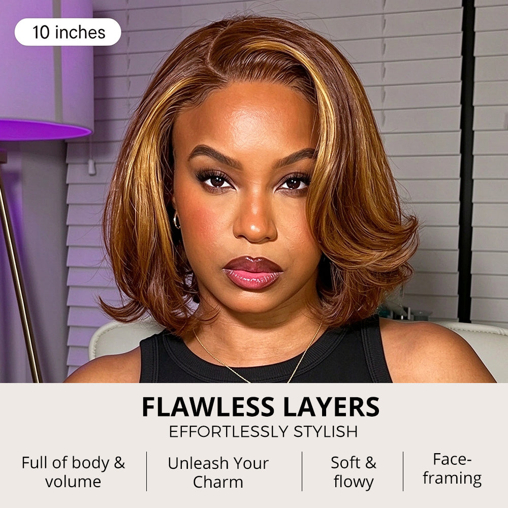 Zlike Brown Mix Blonde Highlight Layered Bob Wigs 5x5 Closure Glueless Human Hair Wigs Natural Hairline