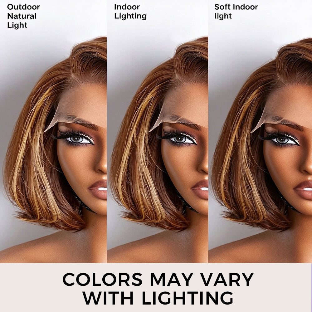 Zlike Brown Mix Blonde Highlight Layered Bob Wigs 5x5 Closure Glueless Human Hair Wigs Natural Hairline