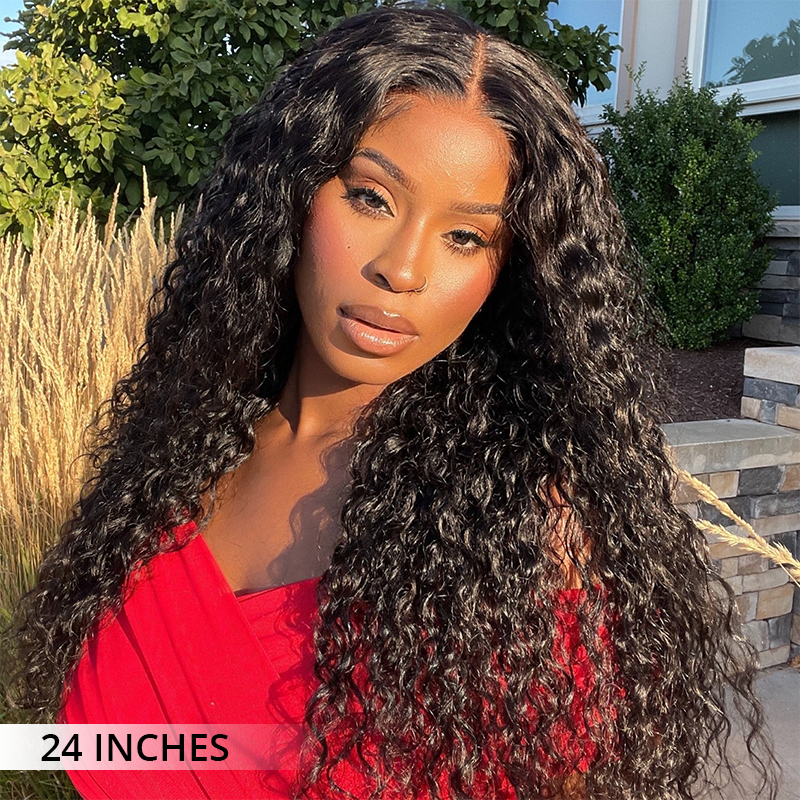 Close-up of soft water wave texture on human hair wig with transparent lace front, natural glossy finish and defined wave pattern