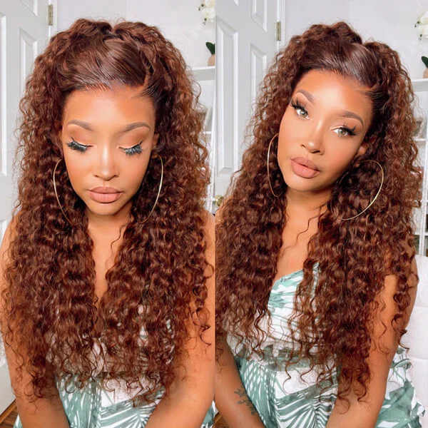 Code: ZL100F | Brown Brunette Auburn Copper Color Water Wave Lace Front 100% Human Hair Wigs