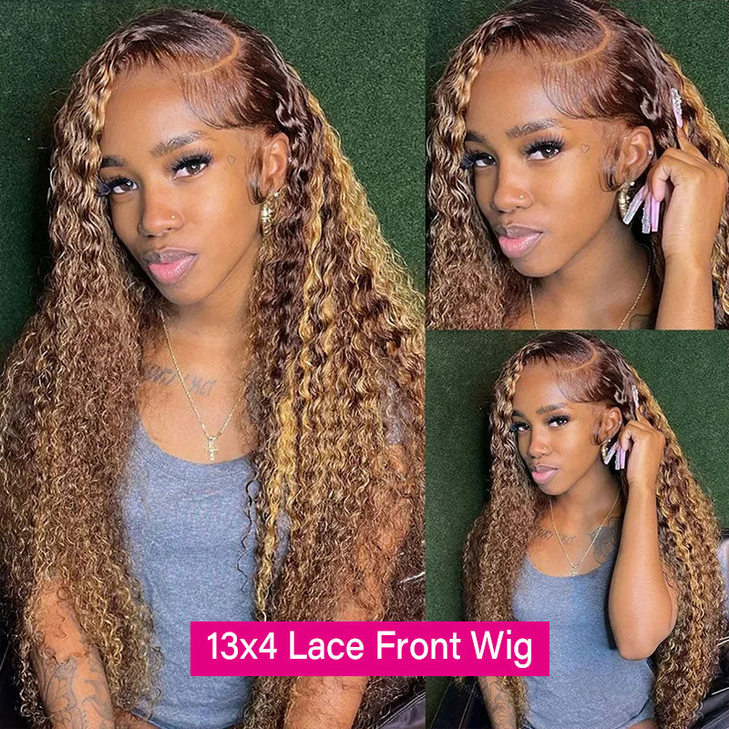 Before and After Wearing Honey Blonde Highlight Water Wave Wig