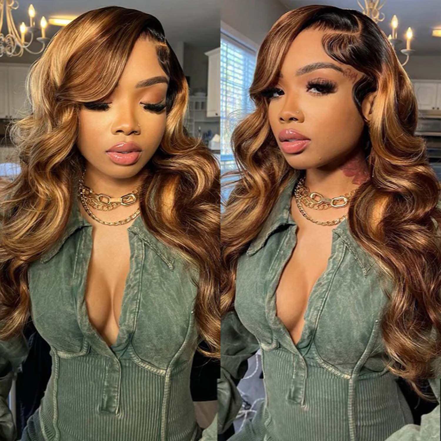 Zlike black roots 4/27 ombre highlight body wave human hair wig