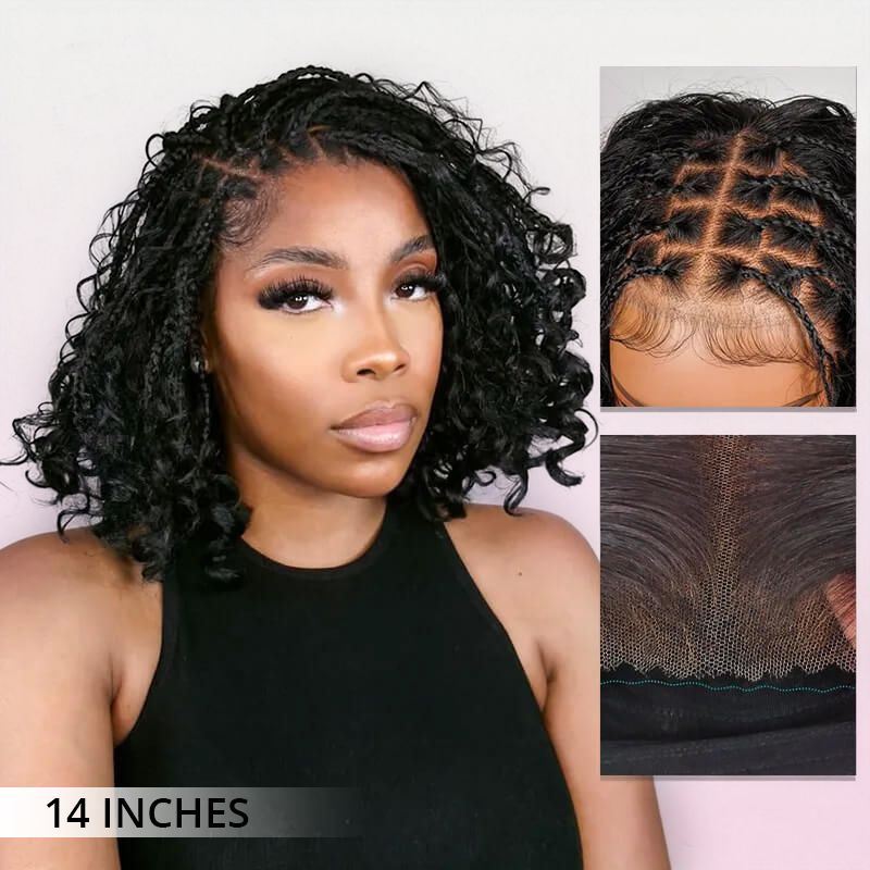 Front view of braided top boho braids wig human hair water wave texture glueless lace wig