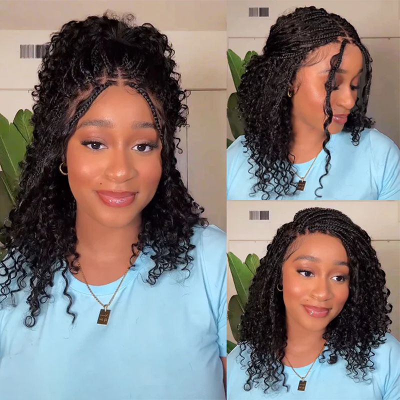 Boho braids water wave glueless lace closure wig with braided top human hair wig natural black