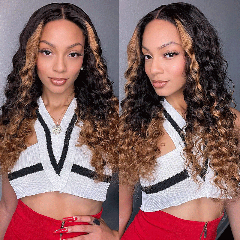 Brown Ombre Highlights Money Piece Water Wave 13x4 Transparent Lace Front Human Hair Wigs