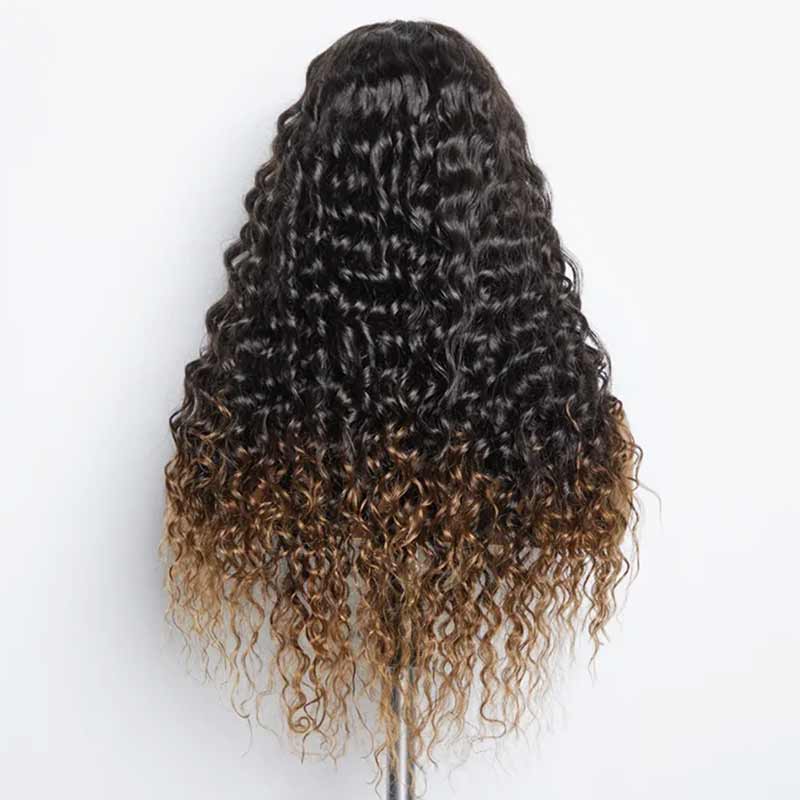 Brown Ombre Highlights Money Piece Water Wave 13x4 Transparent Lace Front Human Hair Wigs