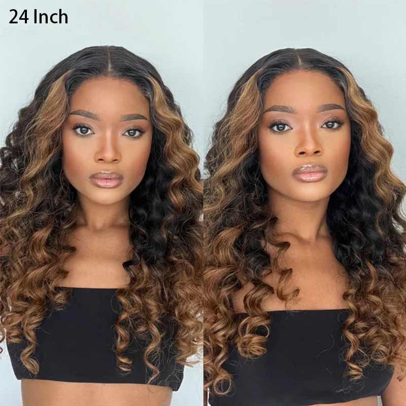 Brown Ombre Highlights Money Piece Water Wave 13x4 Transparent Lace Front Human Hair Wigs