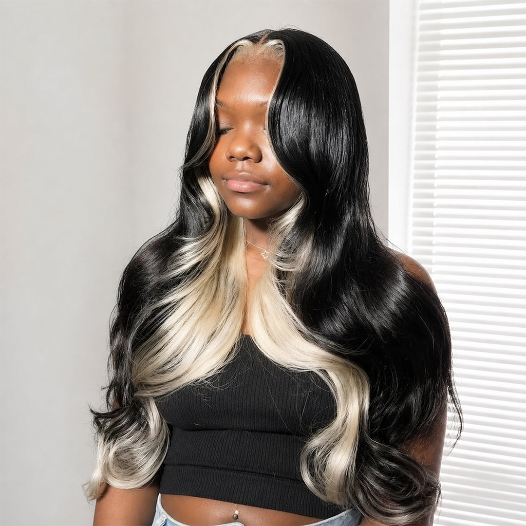 Zlike skunk stripe layered cut body wave human hair glueless wig