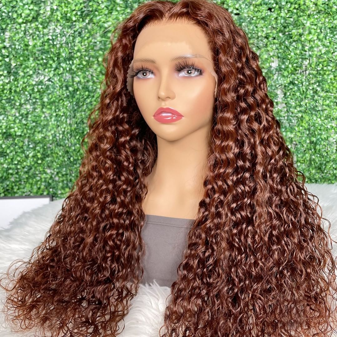Code: ZL100F | Brown Brunette Auburn Copper Color Water Wave Lace Front 100% Human Hair Wigs