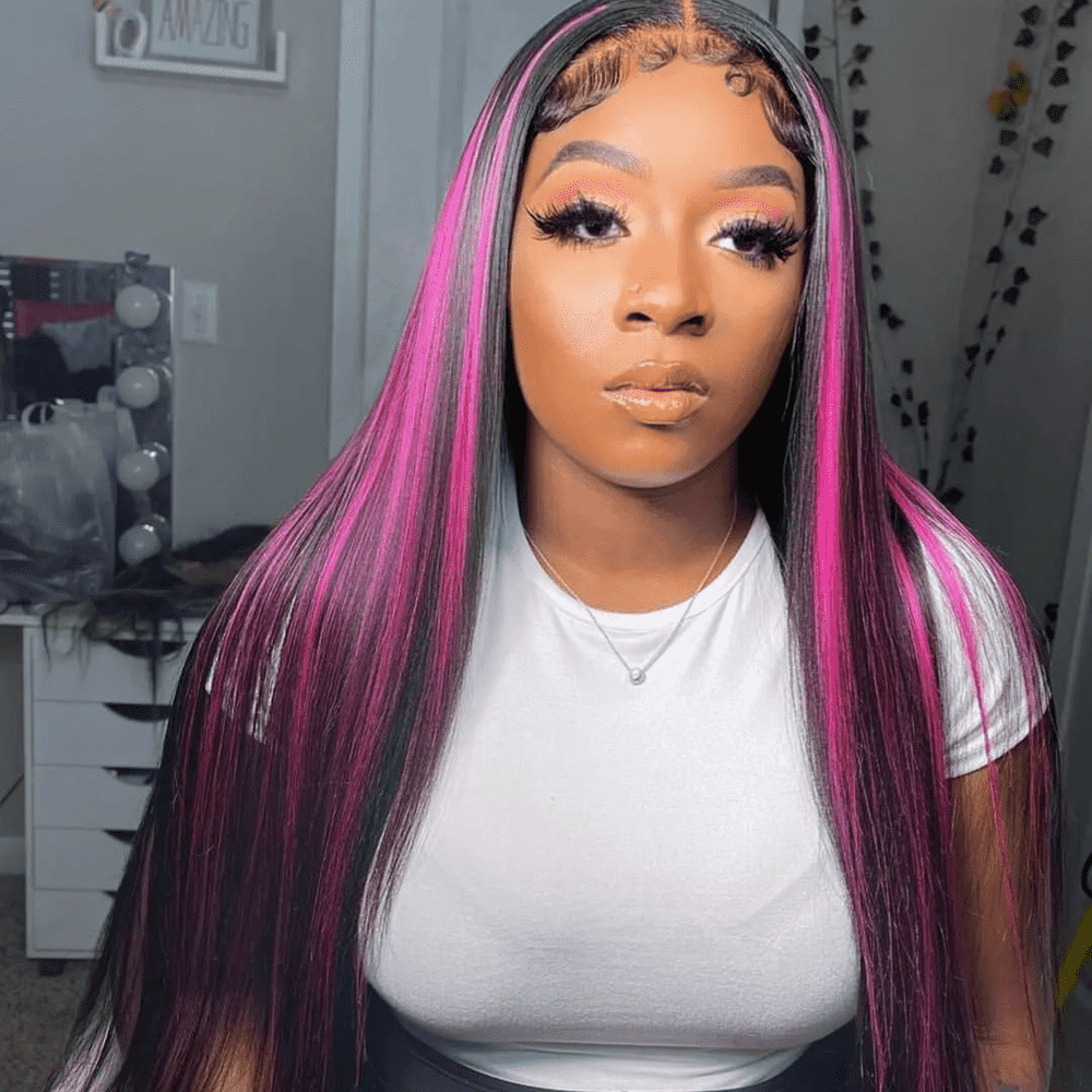 Purple Pink Highlight Mix Colored Lace Front Closure 100% Virgin Human Hair Wigs
