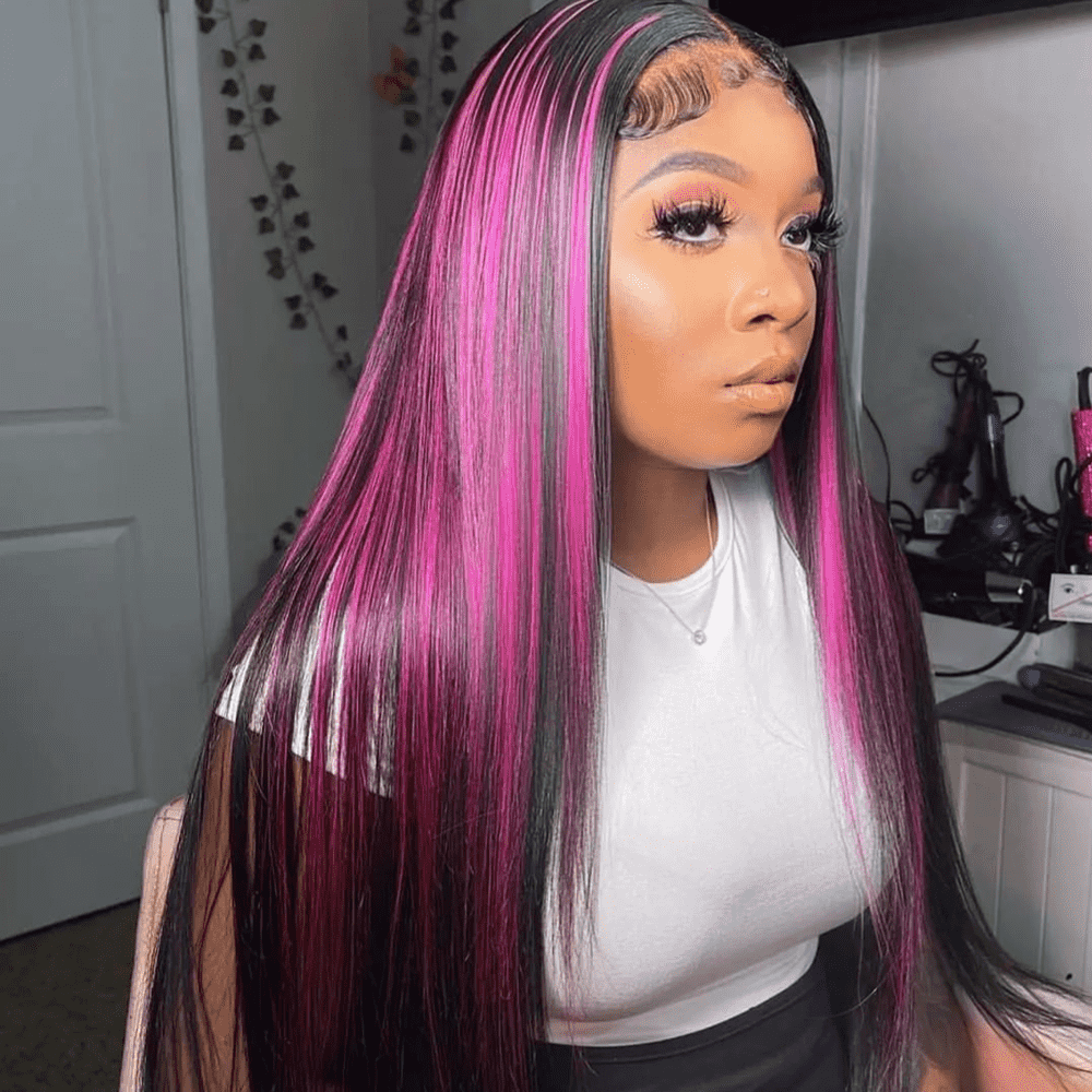 Purple Pink Highlight Mix Colored Lace Front Closure 100% Virgin Human Hair Wigs