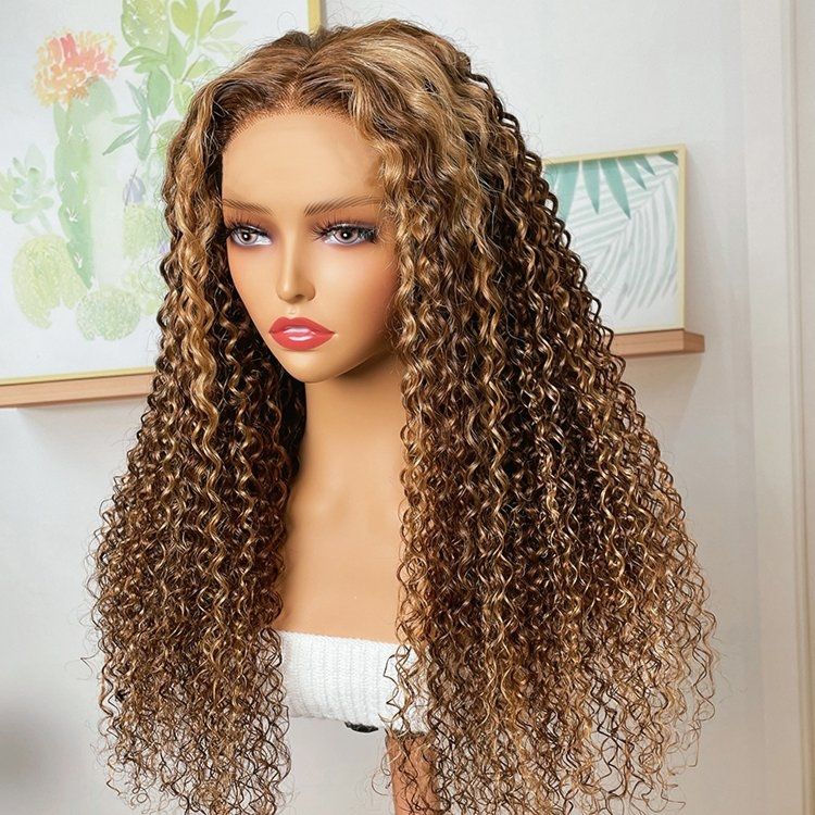 Honey Blonde Highlights #4/27 Colored Curly Transparent Lace 100% Virgin Human Hair Wigs