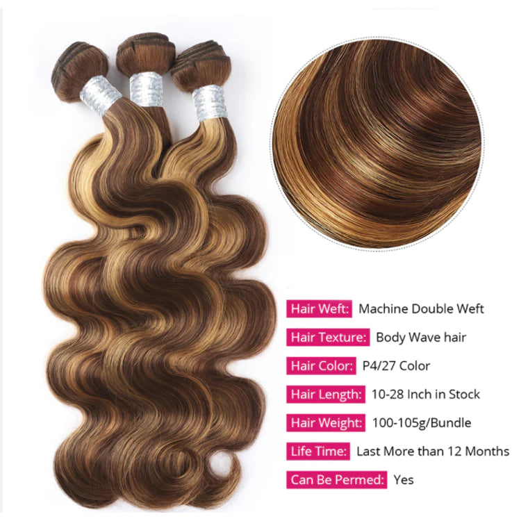 Highlight P4/27 Body Wave Hair 3 Bundles with 4x4 Lace Closure Unprocessed Human Virgin Hair-Zlike
