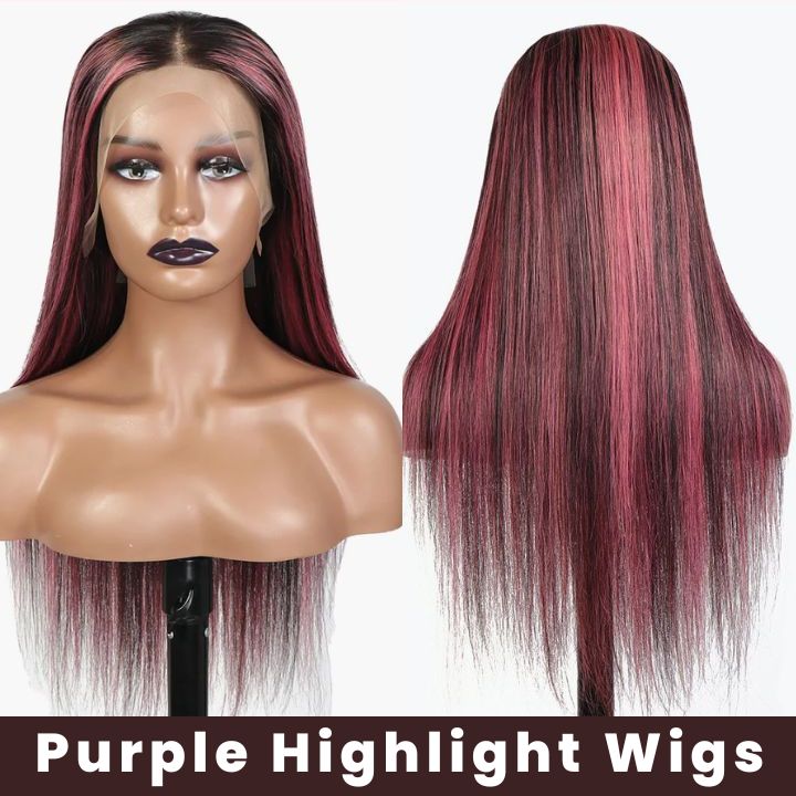 Purple Pink Highlight Mix Colored Lace Front Closure 100% Virgin Human Hair Wigs