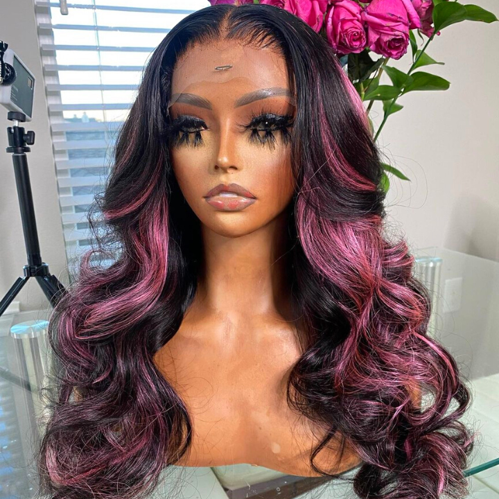 Purple Pink Highlight Mix Colored Lace Front Closure 100% Virgin Human Hair Wigs