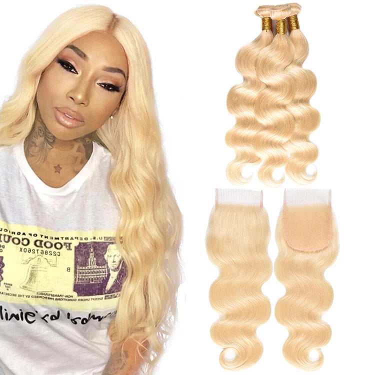 613# Blonde with Free Part Closure Remy Human Hair Body Wave 3Bundles with 4x4 Lace Closure-Aaliweya