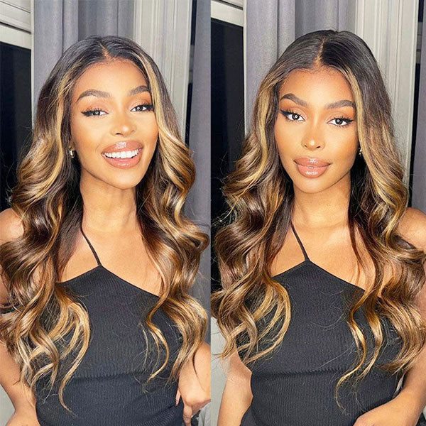 Zlike Black Roots Body Wave 4/27 Ombre Highlight 13x6 Transparent Lace Front Human Hair Wigs