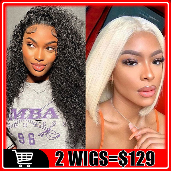 $129/2 Wigs |  8Inch 613 Blonde Straight Bob 4X4 Lace Closure Wig + U Part Glueless Wear & Go Kinky Curly Wig