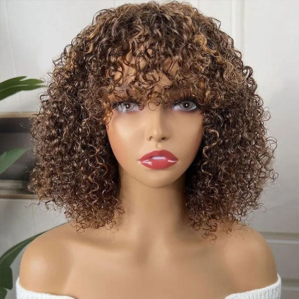 $129/2 Wigs | Glueless Wear & Go Jerry Curly Bob Highlight Wig With Bangs + U Part Glueless Wear & Go Deep Wave #33 Reddish Brown Wig