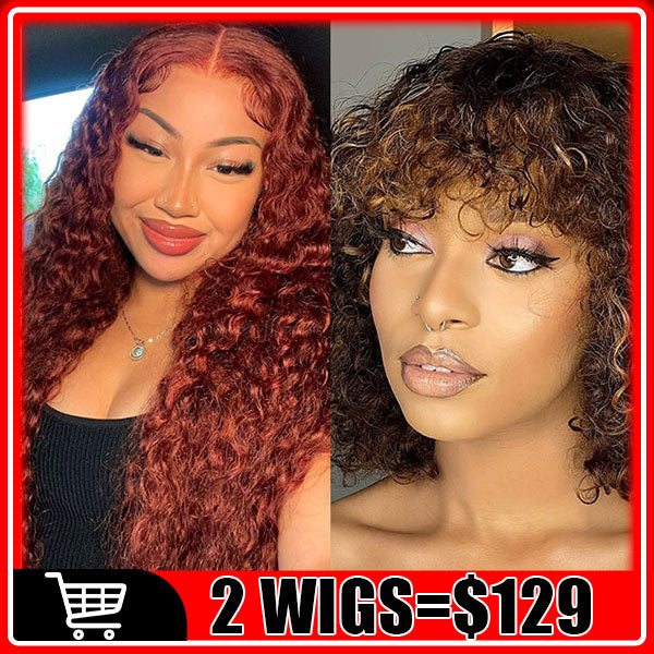 $129/2 Wigs | Glueless Wear & Go Jerry Curly Bob Highlight Wig With Bangs + U Part Glueless Wear & Go Deep Wave #33 Reddish Brown Wig