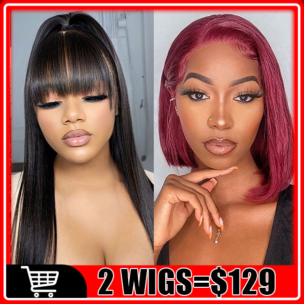 $129/2 Wigs | Glueless Wear & Go Straight Wig With Bangs + 10Inch 99J Straight Bob 13X4 Lace Front Wig