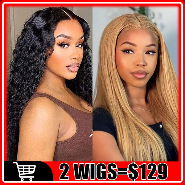 $129/2 Wigs | V Part Glueless Wear & Go Water Wave Wig + 8Inch #27 Honey Blonde Straight Bob 4X4 Lace Closure Wig