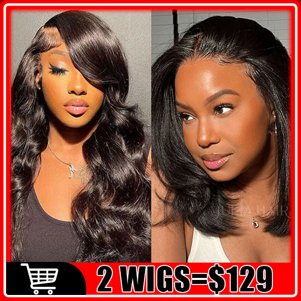 $129/2 Wigs | U Part Glueless Wear & Go Body Wave Wig + 10Inch Glueless Pre Cut Yaki Straight Bob 5X5 Lace Closure Wig