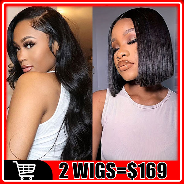 169=2 Wigs Body Wave Natural Color Human Hair 4X4 Lace Closure Wig + 12Inch PreCut Lace Bob Wigs Pre Plucked Flash Sale