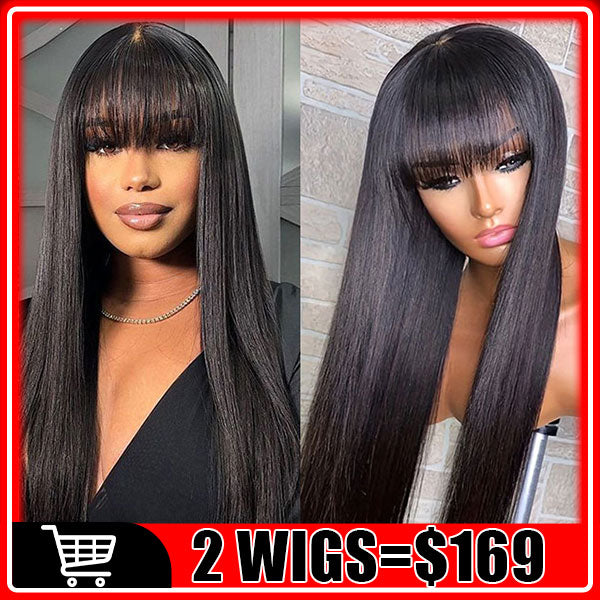 169=2 Wigs Bone Straight Wig With Bangs Natural Color Glueless Human Hair Wigs Flash Sale