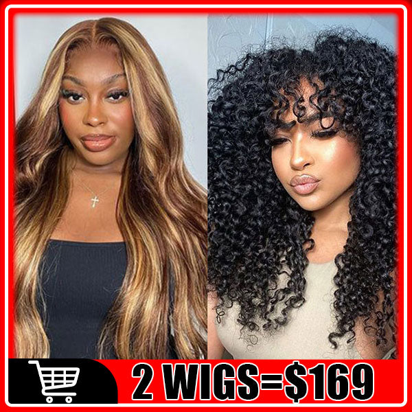 169=2 Wigs Ombre Blonde Highlight 5x5 Pre Cut Lace Wig + Curly Wig With Bangs Machine Made Flash Sale