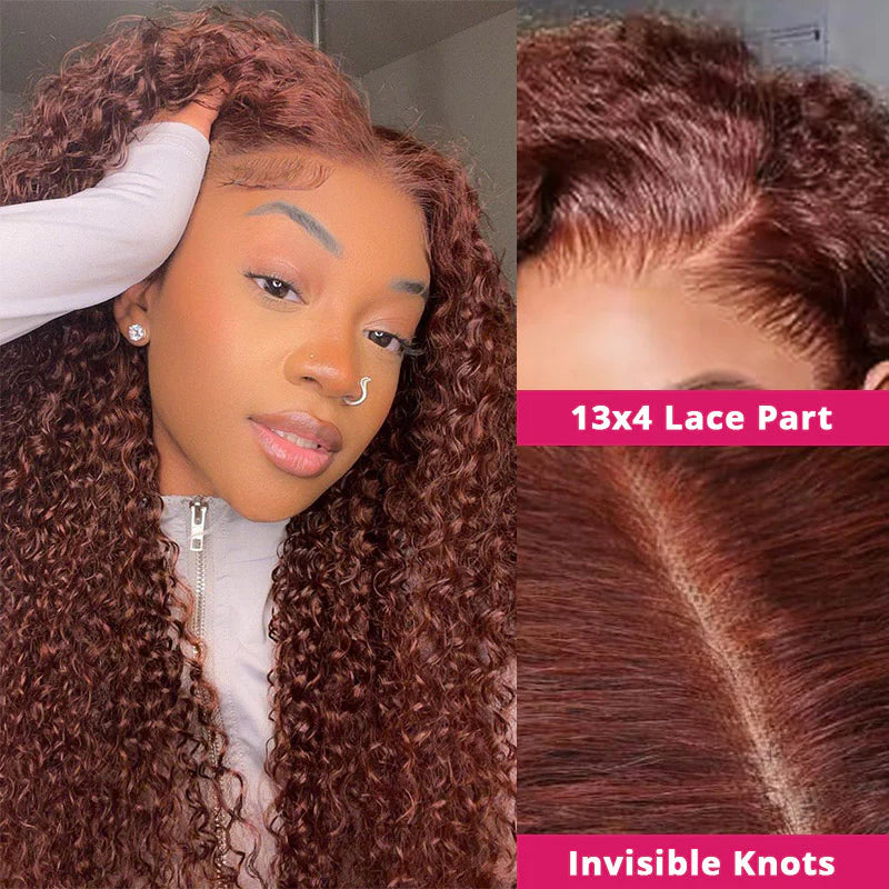 13x4 Reddish Brown #33 Kinky Curly Transparent Lace Front Wig Pre Plucked Human Hair Wigs