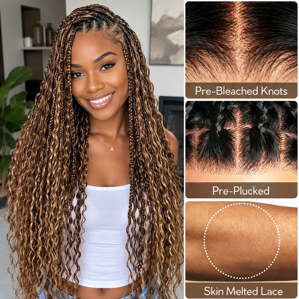 Zlike Boho Knotless Braids Human Hair Wig Highlight Water Wave 13x6 Glueless Braided Wig