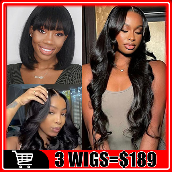 $189 = 3Wigs | Bob Glueless Wear & Go Straight Wig With Bangs + 13x4 Lace Front Body Wave Wig + Bob 13x4 Lace Front Boby Wave Wig