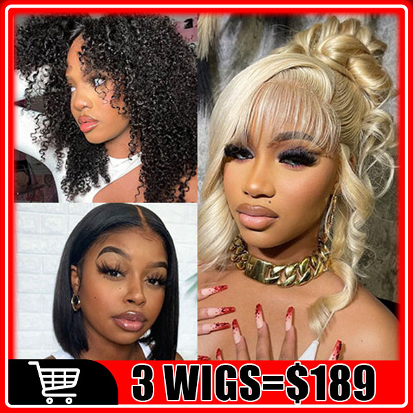 $189 = 3Wigs | Bob Glueless Wear & Go Kinky Curly Wig With Bangs + Glueless Wear & Go 613 Blonde Body Wave Wig With Bangs + Bob Glueless 4x4 Lace Closure Straight Wig