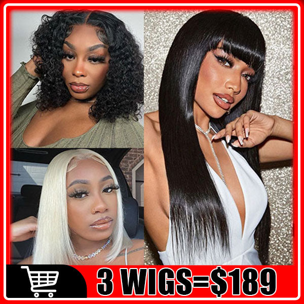 $189 = 3Wigs | Bob 13x4 Lace Front Water Wave Wig + Bob Glueless 4x4 Lace Closure Straight 613 Blonde Wig + Glueless 1x2 Top Lace Closure Straight Wig With Bangs