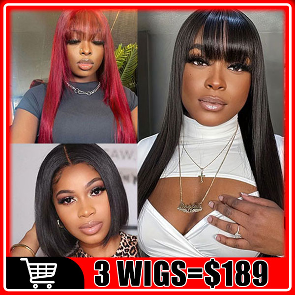 $189 = 3Wigs | Glueless Wear & Go 99J Straight Wig With Bangs + Glueless 1x2 Top Lace Closure Straight Wig With Bangs + Bob 13x4 Lace Front Straight Wig