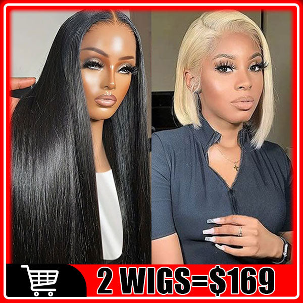 169=2 Wigs Bone Straight 13X4 Lace Frontal Wig Pre Plucked + 12Inch 613 Blonde Bob Wig 13X4 Lace Frontal Wig Human Hair Flash Sale