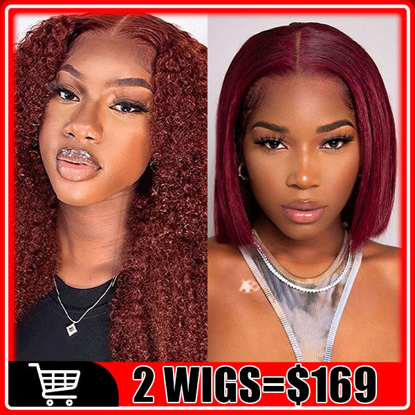 169=2 Wigs Reddish Brown #33 Curly Lace Front Human Hair Wigs + 99J 13x4 Bob Wig Human Hair Flash Sale