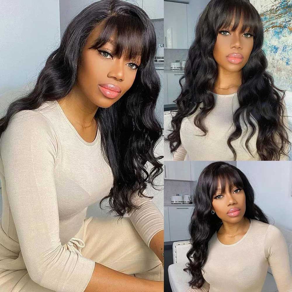 Ready To Go Glueless Body Wave Transparent Top Lace Wig Pre Bleached Human Hair Wigs With Bangs