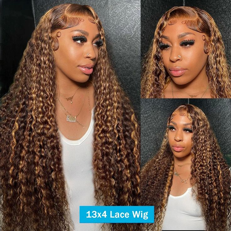 Honey Blonde Highlight 13x4 Lace Front Water Wave Wigs Human Hair Wigs