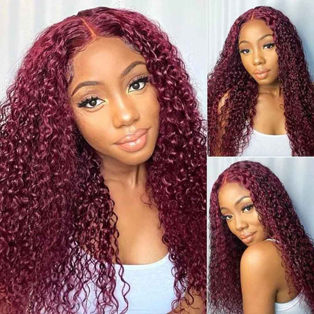 99J Burgundy Colored Kinky Curly Transparent Lace Front Human Hair Wigs Natural Hairline