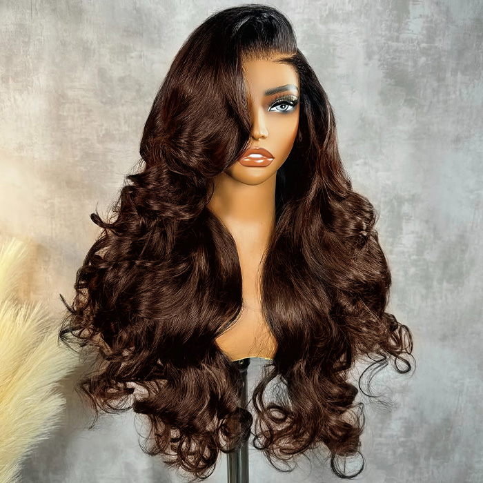Zlike Butterfly Haircuts Dark Roots Loose Wave Wigs C Part Pre-styled Human Hair Glueless Wigs