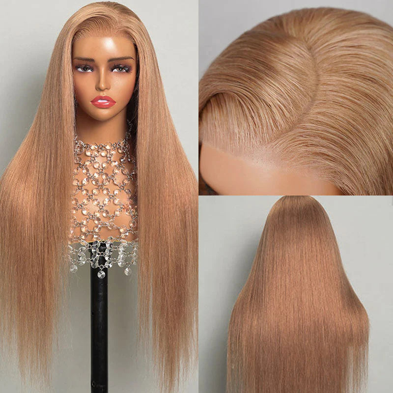 Pre Plucked Light Flaxen Brown Cozy Blonde Straight Transparent Lace Human Hair Wigs With Baby Hair