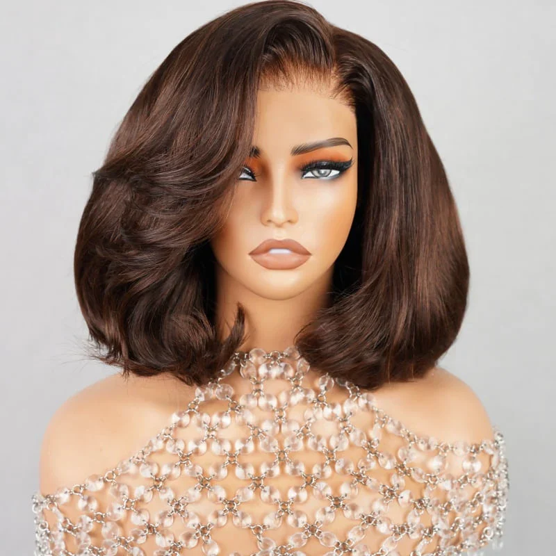 Zlike 250% Density Pre Styled Salon Quality Side Part #4 Chocolate Brown Lace Front Natural Blowout Curve Bob Wigs Human Hair