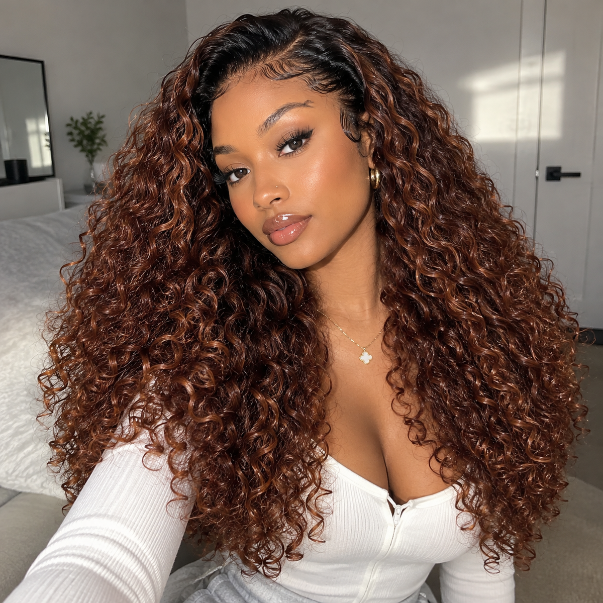 Zlike 13x6 Black Root with Reddish Brown Highlights Jerry Curly with Burmese Curly Human Hair Wig 250% Density Glueless Lace Front Wig