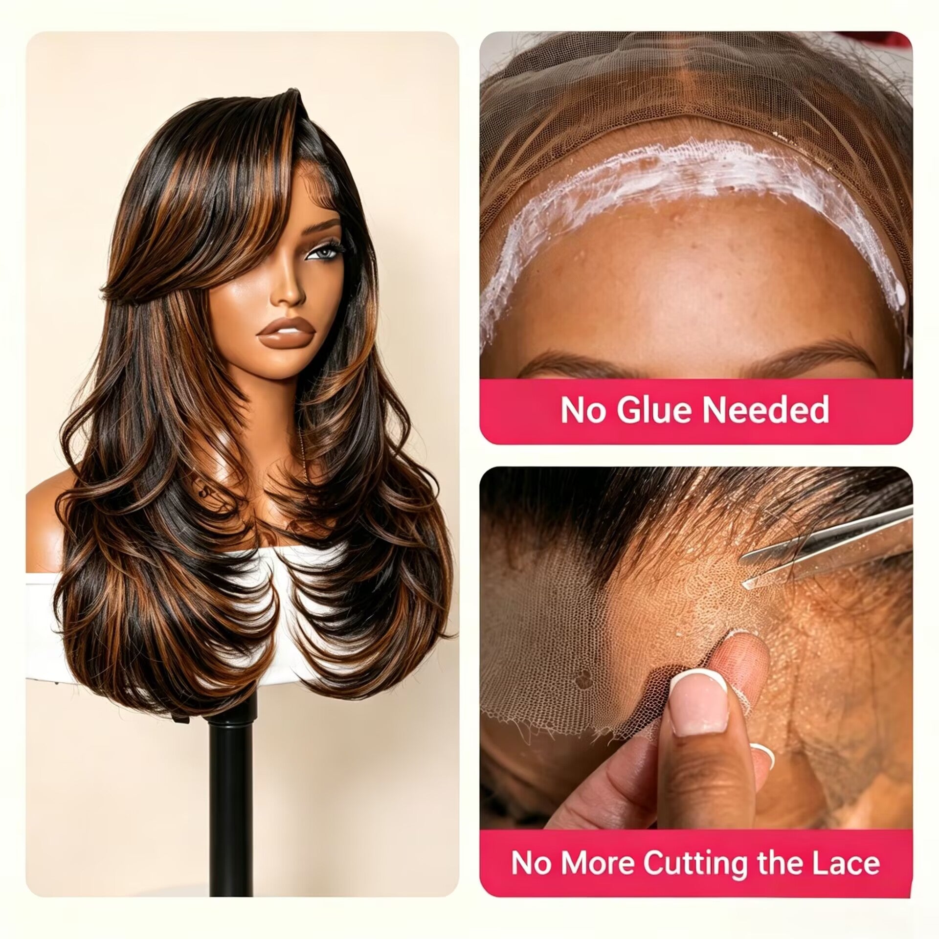 Zlike Brown Highlight Straight Human Hair Wig 7x5 Lace Glueless Wig with Face Framing Layers