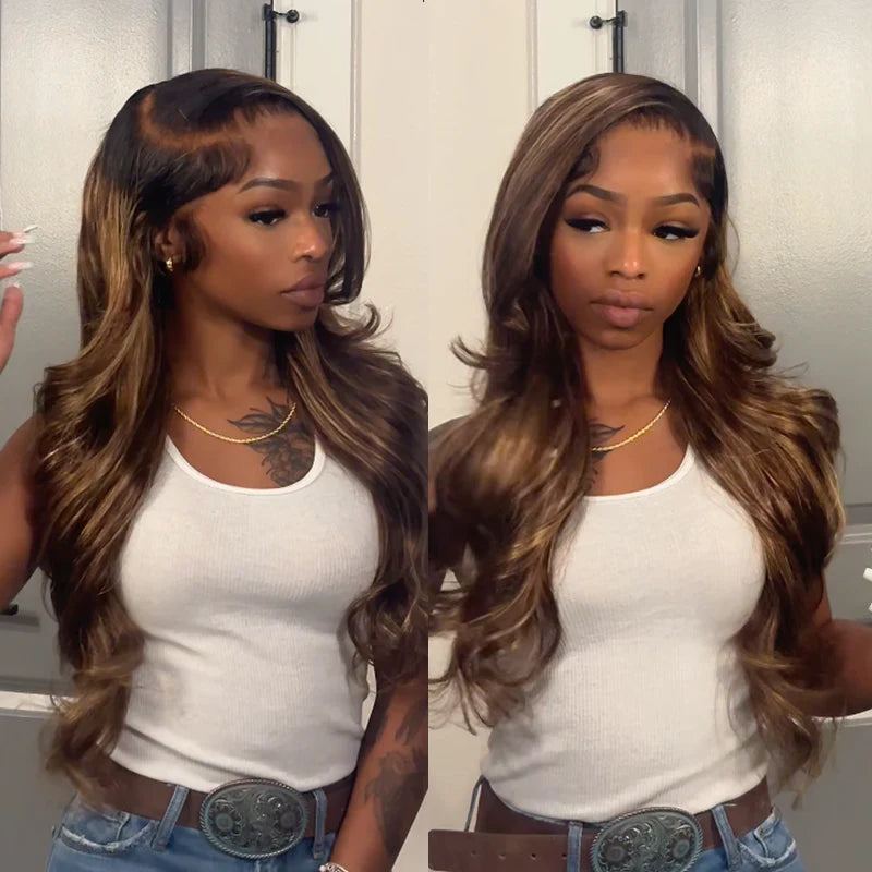 Fast Shipping | Black Roots 4/27 Ombre Highlight Body Wave Transparent Lace Front Human Hair Wigs