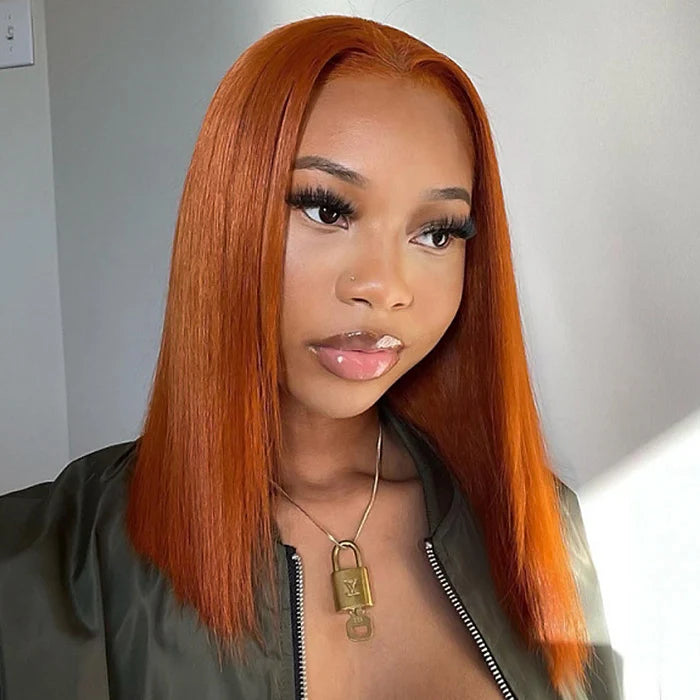 Short Orange Straight Bob Wig Human Hair Lace Front Bob Wigs-Zlike