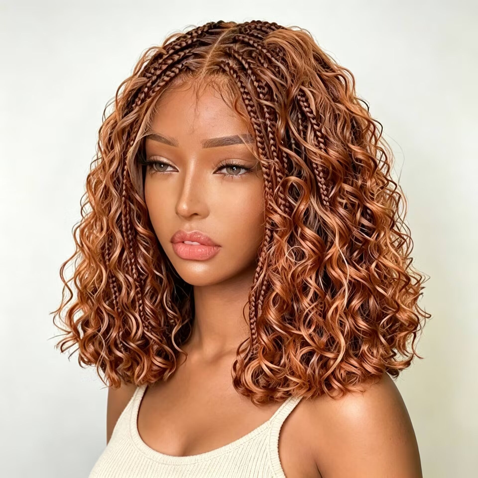 Zlike Copper Boho Braided Wig Water Wave 13x4 HD Lace Frontal Glueless Human Hair Wig with Drawstring